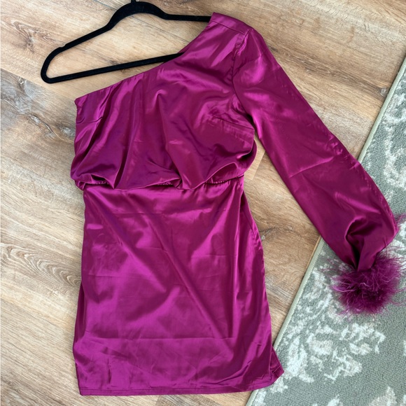 Lulus Magenta Satin One-Shoulder Feather Mini Dress - Picture 6 of 9